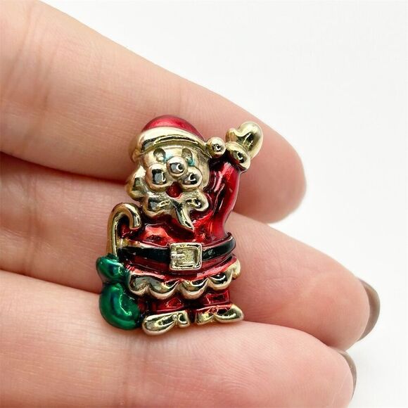 Vintage Small Waving Santa Claus Red Enamel Christmas Brooch Pin Jolly Toy Bag - Picture 1 of 6